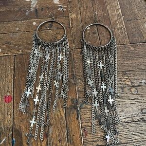 VINTAGE LARGE HOOP CHAIN LONG DANGLE PIERCED EARRINGS w/silver crosses GOTH LIKE